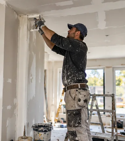 Innenausbauer arbeitet beim Trockenbau in einer Wohnung