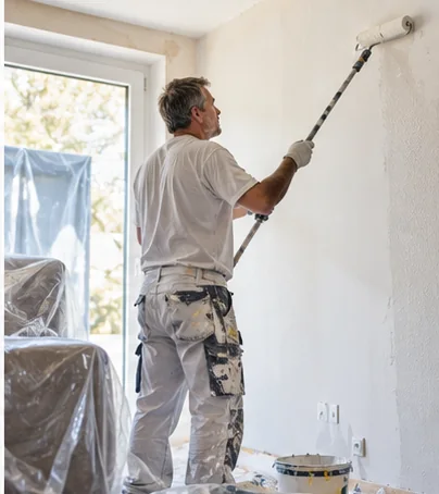 Maler trägt Wandfarbe mit einer Rolle auf