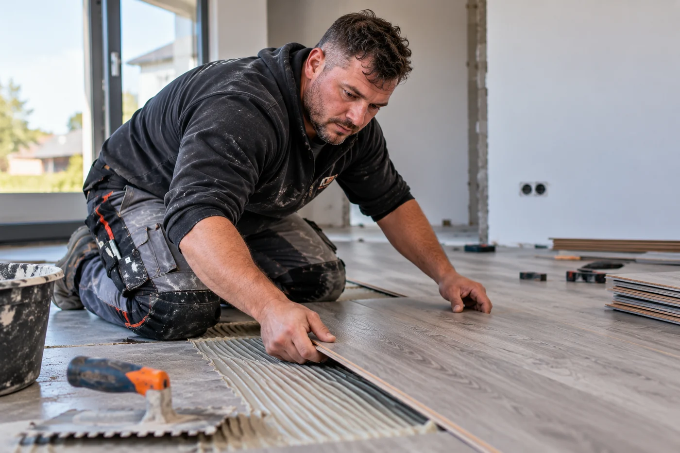 Bodenleger verlegt Bodenbelag in einem renovierten Wohnraum