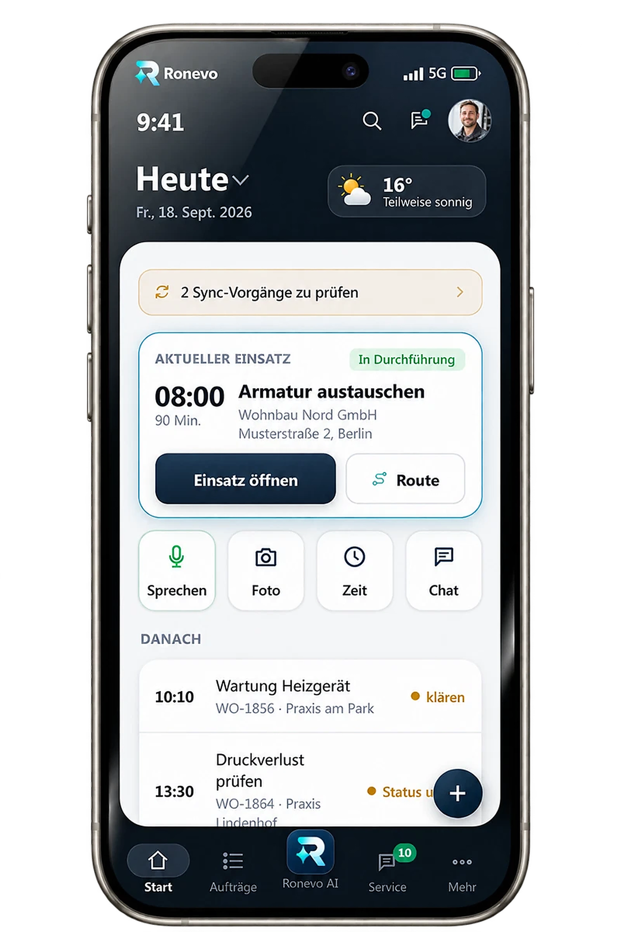 Ronevo mobile Oberfläche auf einem iPhone – aktueller Entwurf