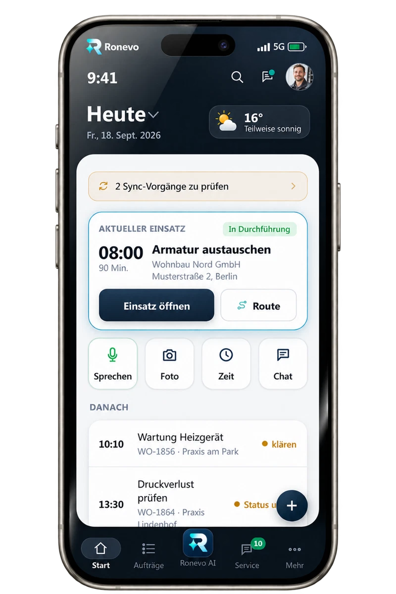 Ronevo im Außendienst – aktuelle iPhone-Ansicht mit Einsatz und Schnellaktionen