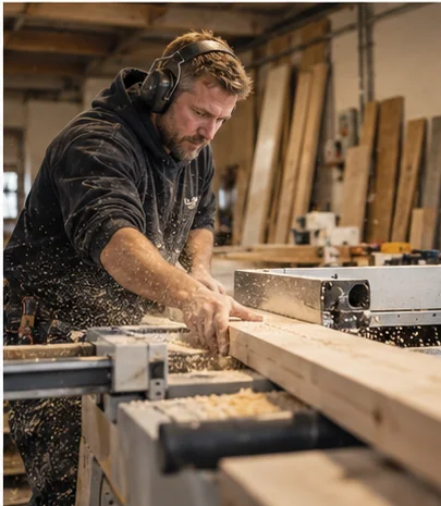 Tischler bearbeitet Holz in einer Werkstatt