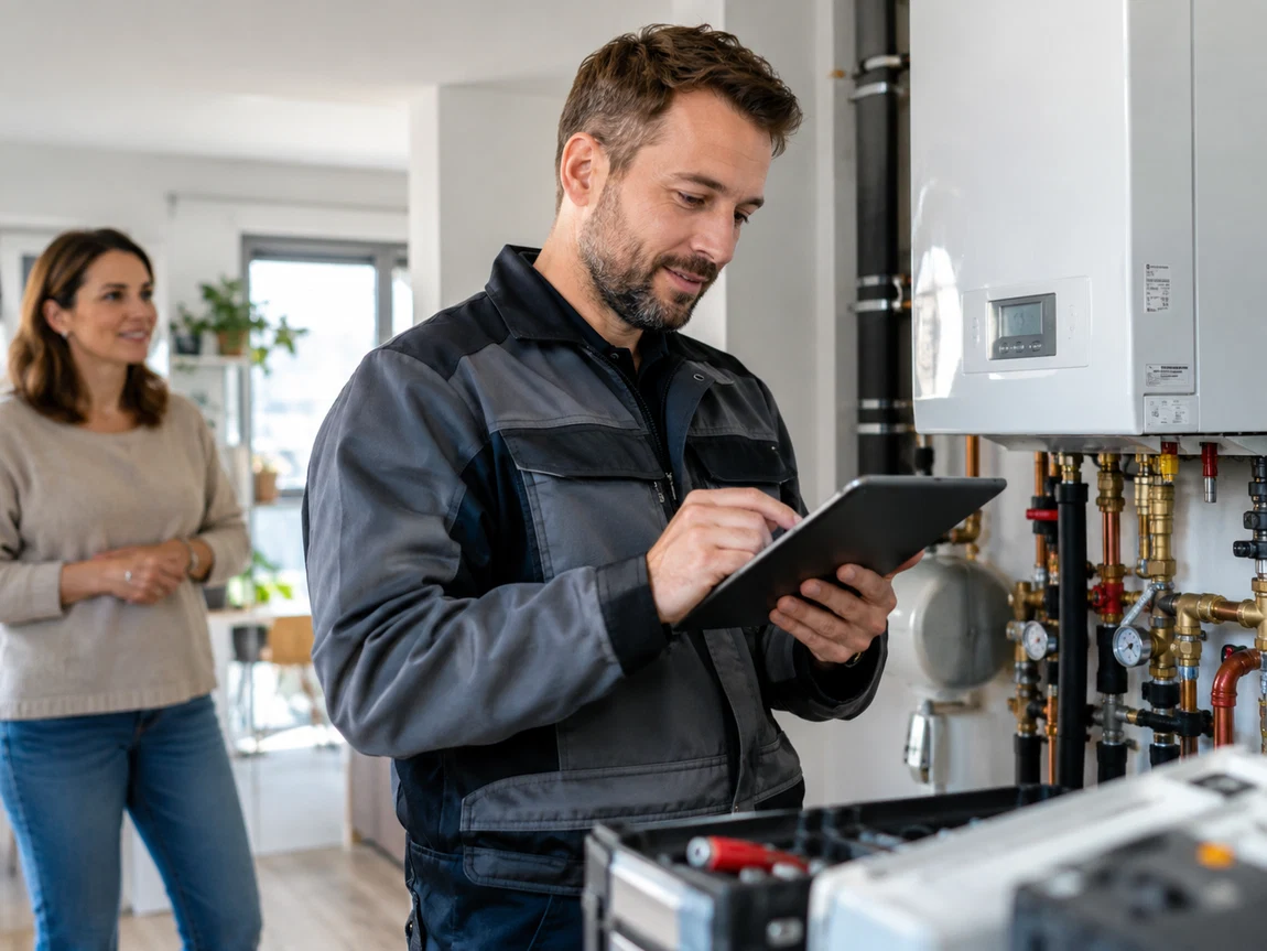 Handwerker nutzt digitale Projektinformationen bei der Arbeit