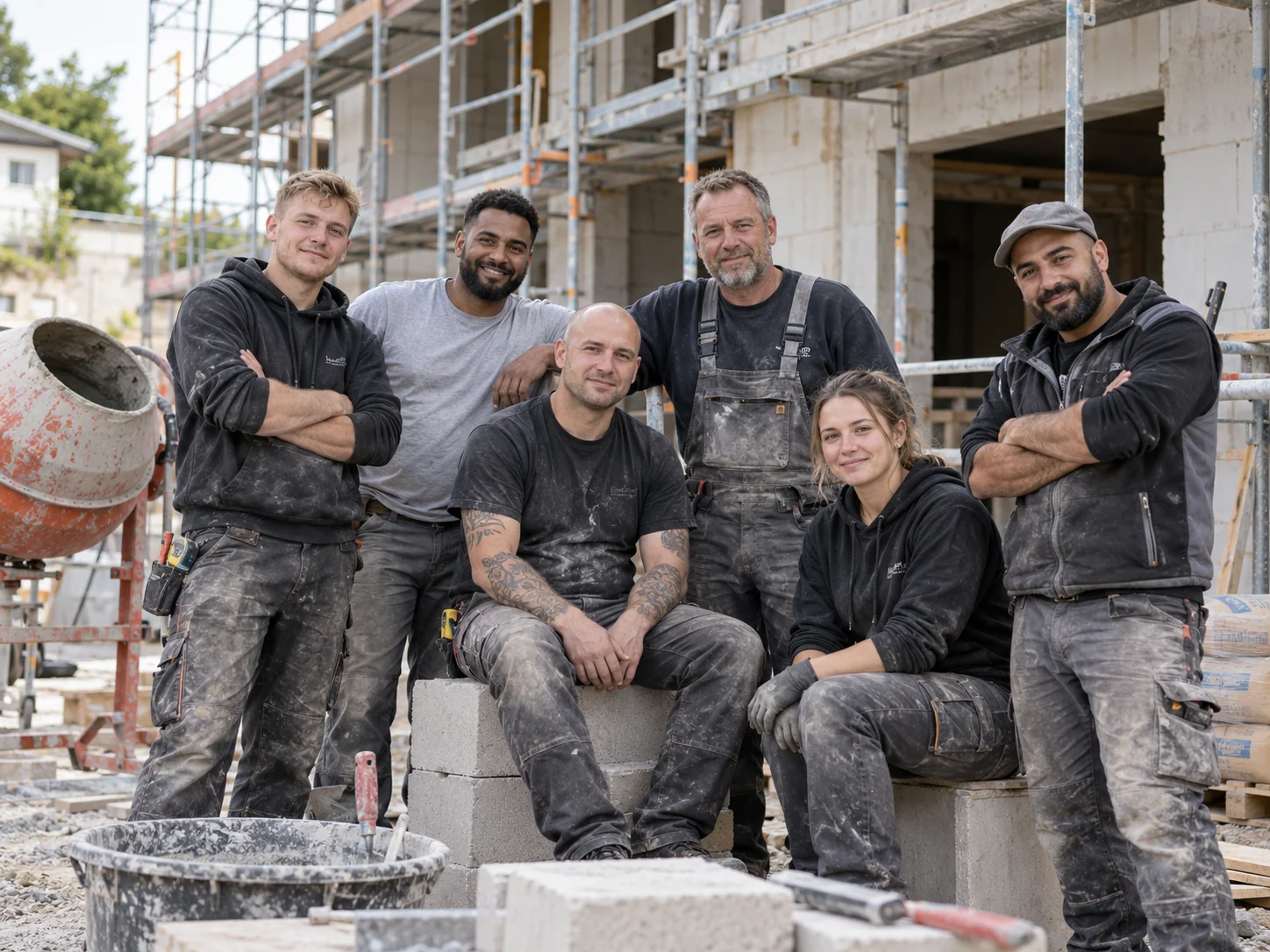 Maurerteam auf einer laufenden Rohbaustelle mit Gerüst und Baumaterial