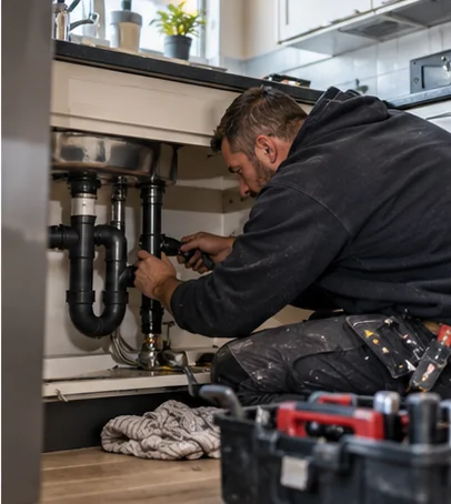Installateur repariert die Rohre unter einer Küchenspüle
