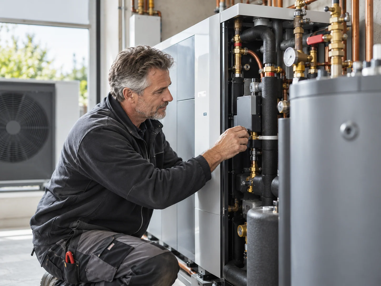 Erfahrener Servicetechniker wartet eine Heizungsanlage im Technikraum