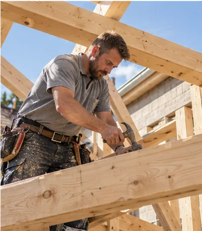 Zimmerer arbeitet mit Holzbauteilen auf einer Baustelle