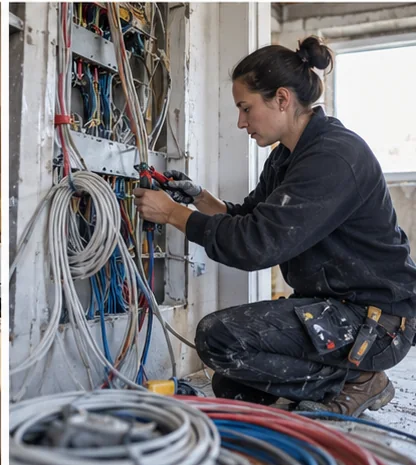 Elektrikerin arbeitet am geöffneten Verteilerkasten