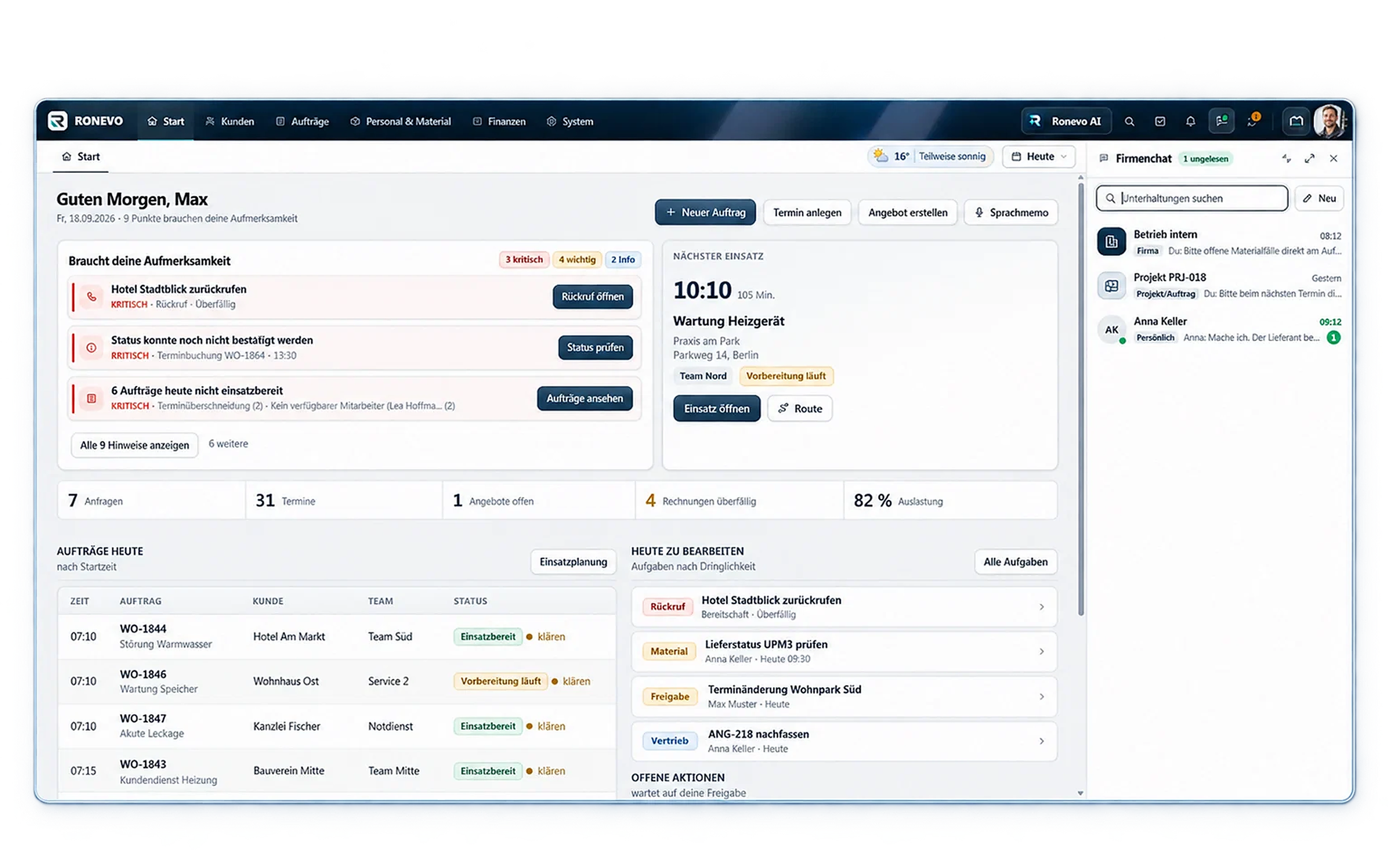 Aktuelles Ronevo-SaaS-Dashboard mit Aufträgen und Firmenchat – Produkt-Mockup