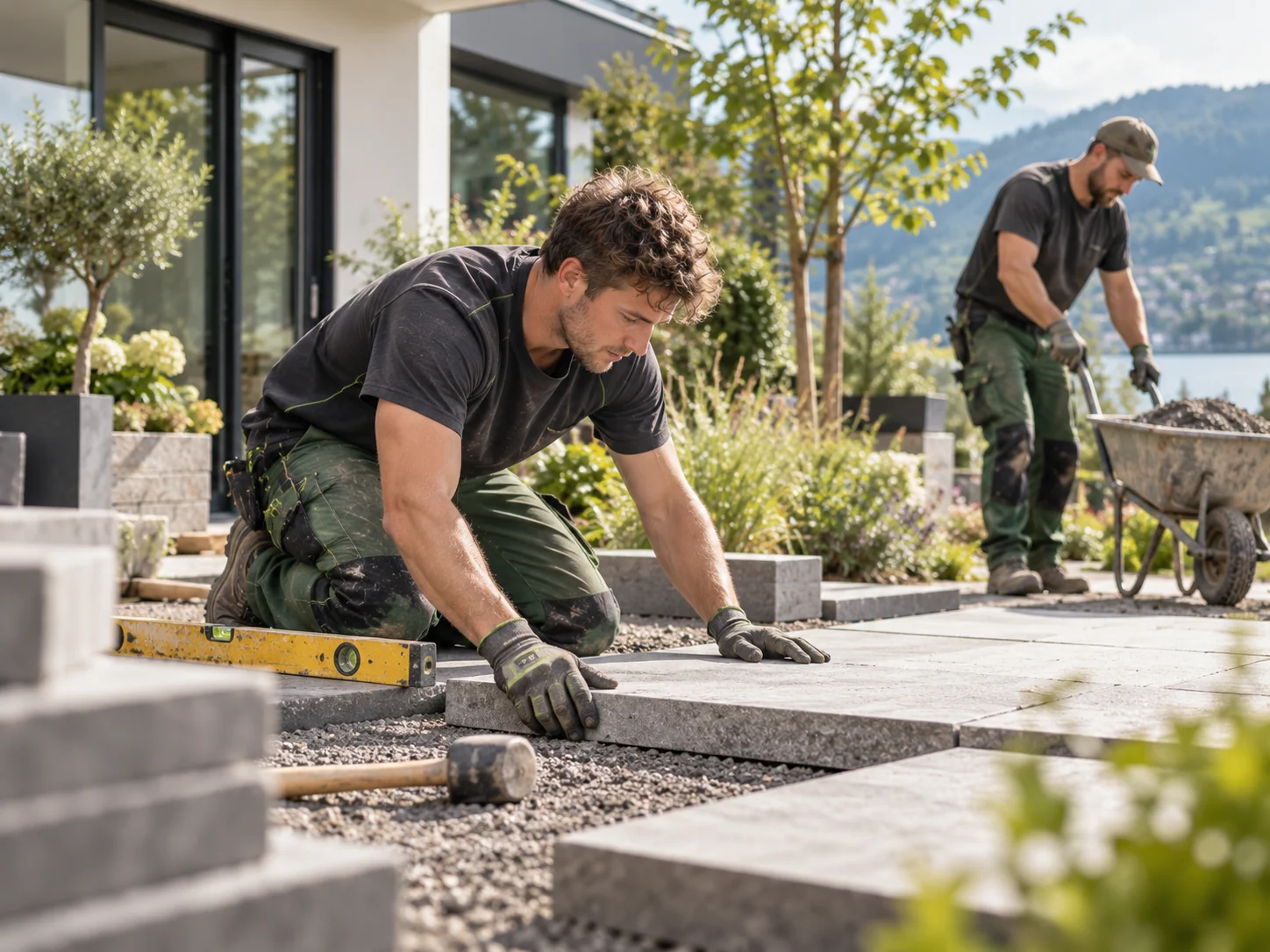 Zwei Garten- und Landschaftsbauer verlegen Natursteinplatten und bereiten die Terrasse vor