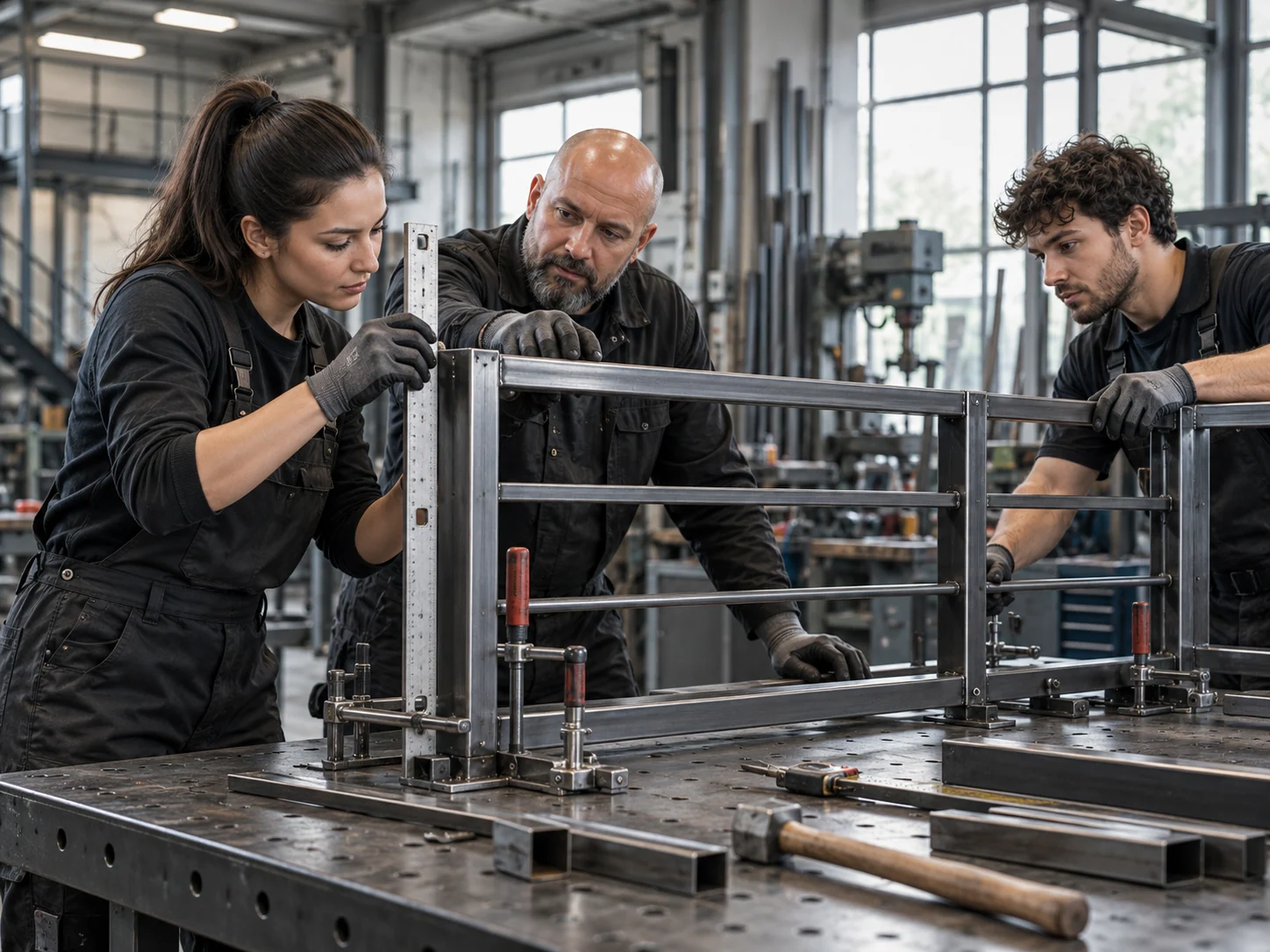 Drei unterschiedliche Metallbauer prüfen gemeinsam ein Stahlgeländer in einer Werkstatt