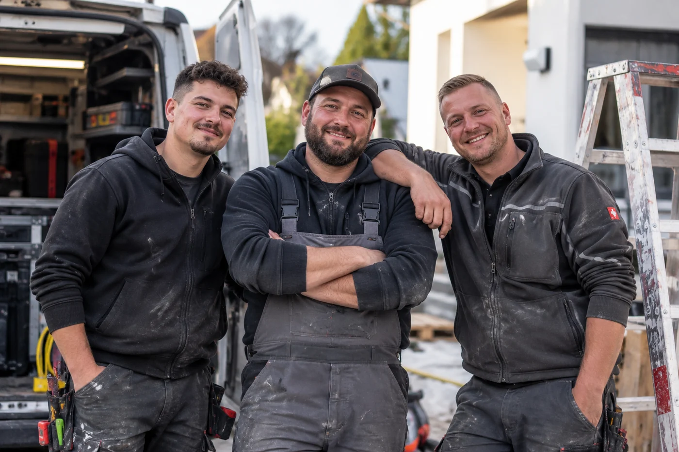 Drei Handwerker vor ihrem Einsatzfahrzeug
